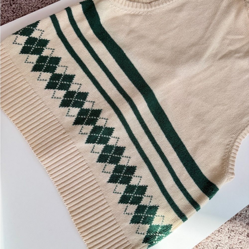 VTG 80’s Tail Sweater Vest Knit Argyle Cream/Green‎ Sz L Cottage Grandpa Core - Picture 10 of 11